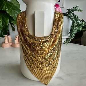 Vintage Whiting & Davis Gold Tone Metal Mesh Bib Necklace- signed